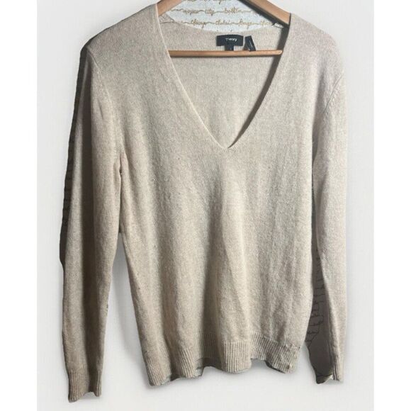 Theory Relaxed V Neck Cream Pullover 100% Cashmere Size L.     C - Picture 1 of 8